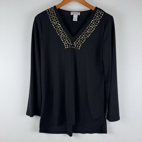 Carmen Marc Valvo Women's V-Neck Stud Front Blouse in black Size S - Picture 1 of 9